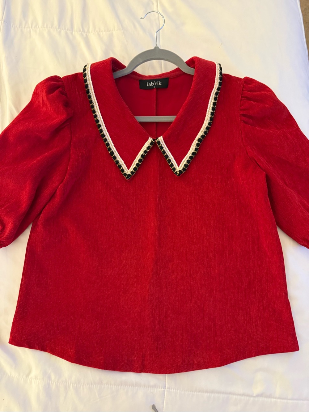 NWT-fab'rik Red Velvet Collar Top with Gold accent trim-Small